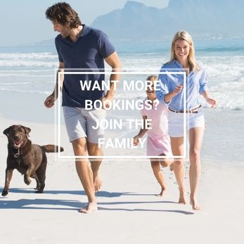 Family Running on Beach with Labrador message says "Want More Bookings? Join the Family