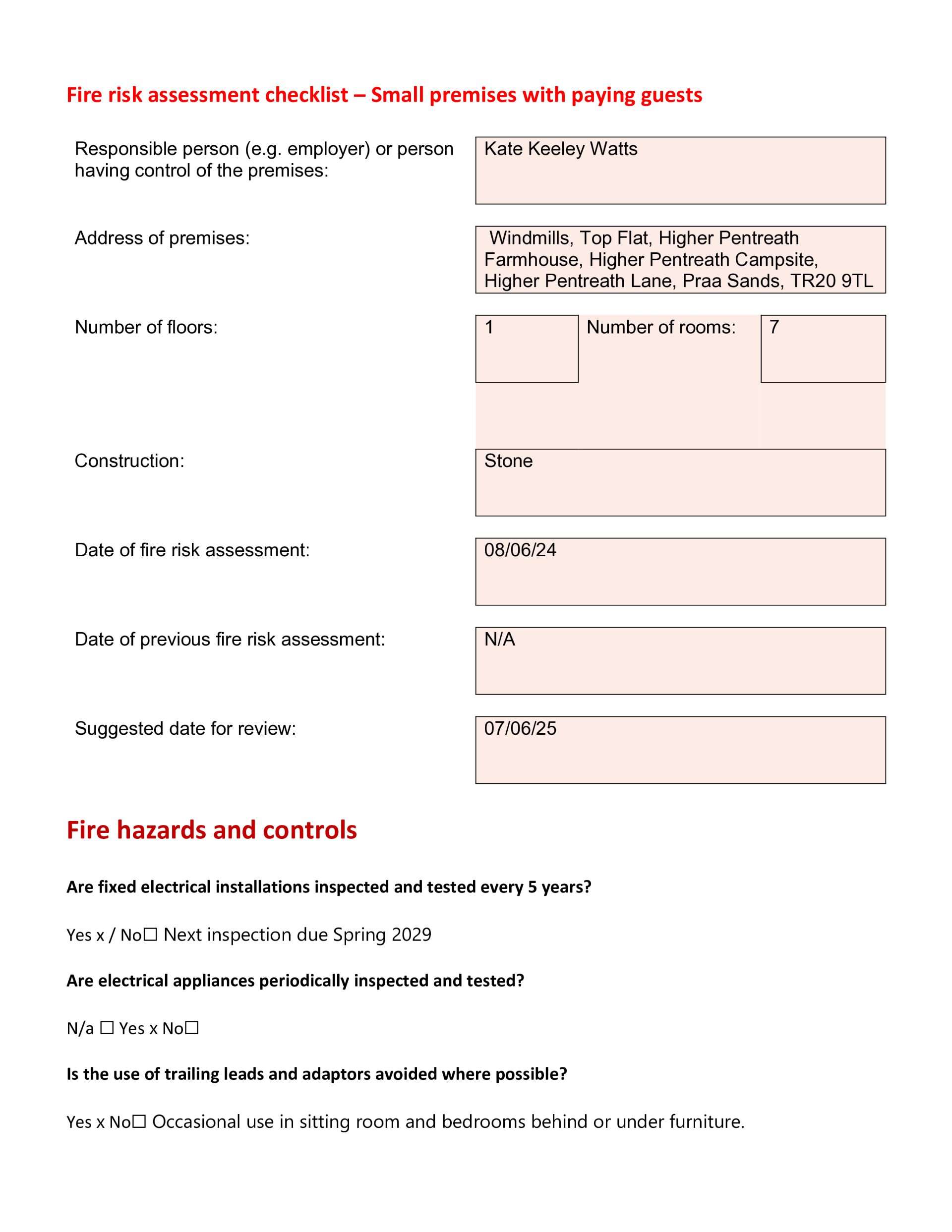  Windmills Fire Risk Assessment Pg 1 | Family Holiday Home by Sea