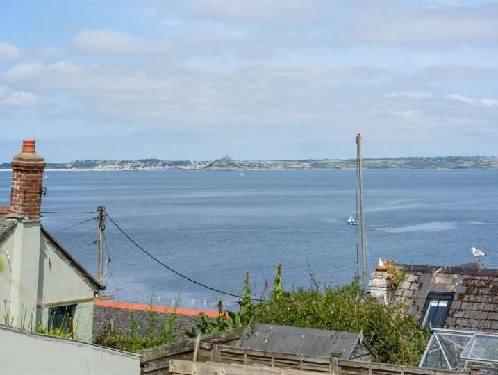 View of Mounts Bay from Bedroom window | Patio Garden | Retreat in Mousehole sea views